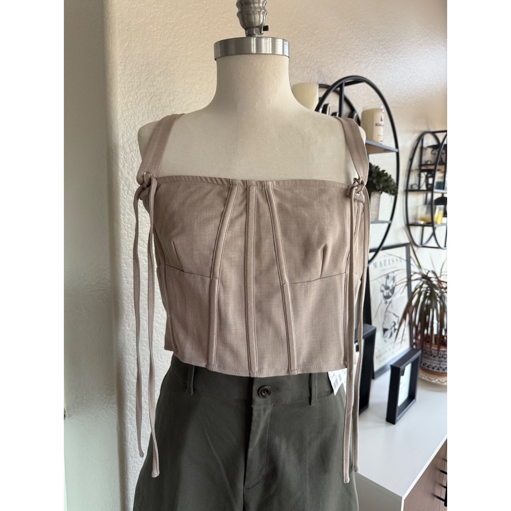 PrettyLittleThing Shape Stone Woven Strappy Tan Coquette Corset Tank Top Size 10 - Picture 7 of 10